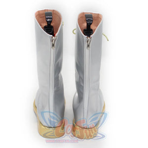 Rear display of Zoey cosplay boots, emphasizing the zippers, silver finish, and gold - trimmed soles.