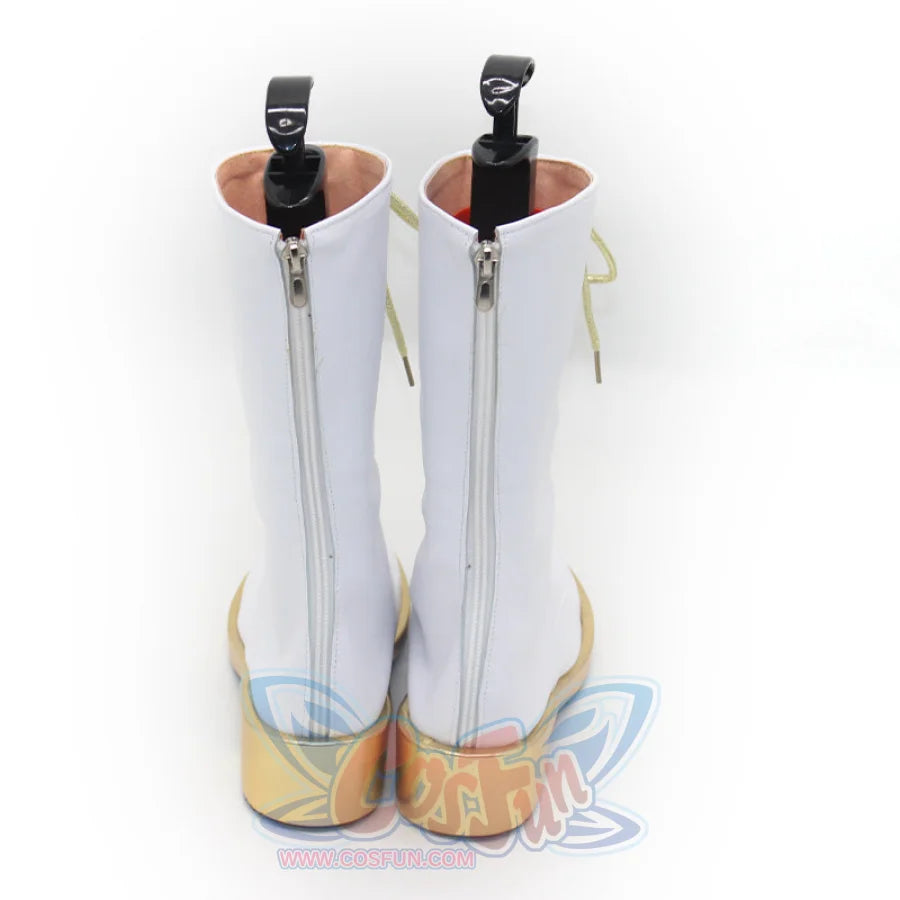 Rear display of Zoey cosplay boots, emphasizing the zippers, white finish, and gold - trimmed soles.