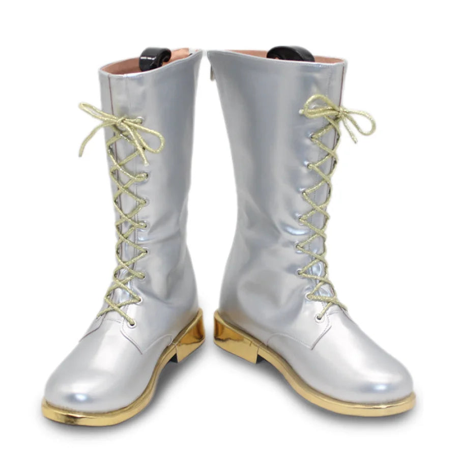 Front display of silver Zoey cosplay boots with gold - tone laces and soles, showcasing the tall, lace - up design.