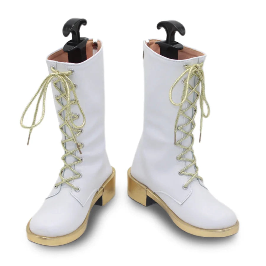 Front display of white Zoey cosplay boots with gold - toned laces and chunky gold heels, showcasing the tall, lace - up design.