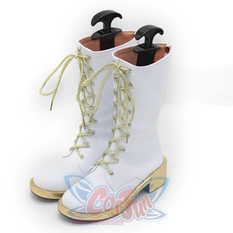 Angled perspective of white Zoey cosplay boots, highlighting the gold laces, tall shaft, and gold - accented soles.
