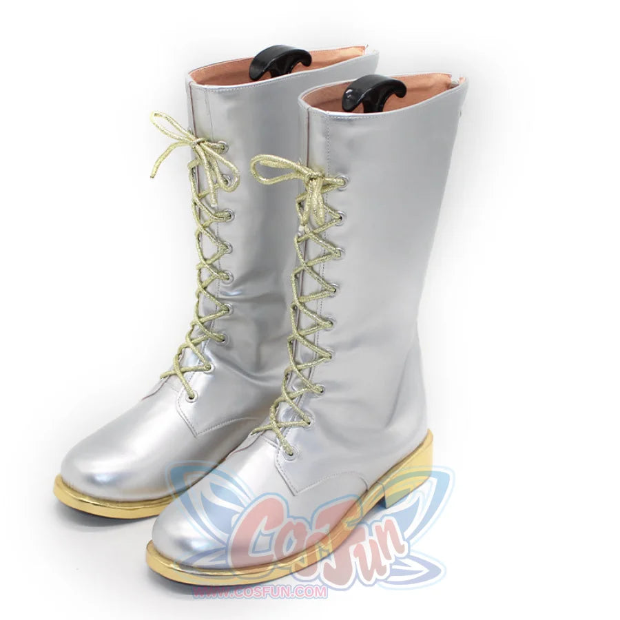 Front display of silver Zoey cosplay boots with gold - tone laces and soles, showcasing the tall, lace - up design.