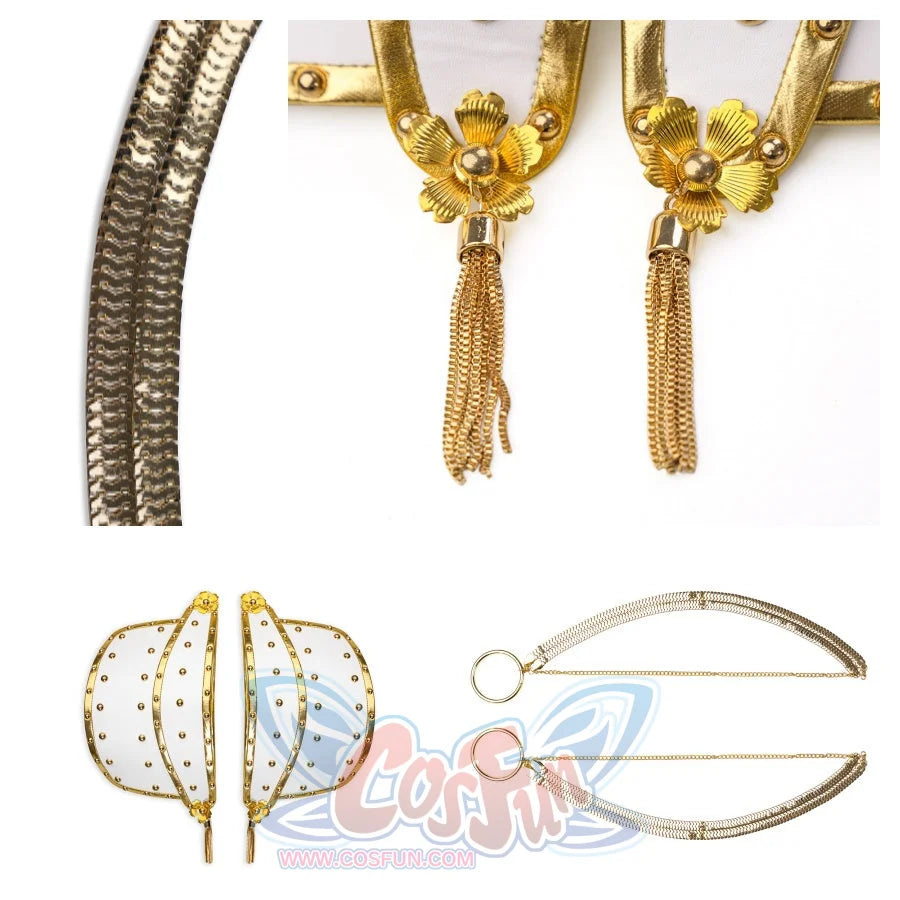 Shows close - ups of the detachable white and gold shoulder pads (with floral gold accents and tassels) and the gold - toned chains, highlighting their intricate designs.