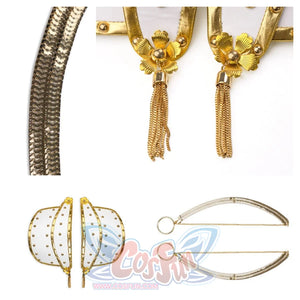 Shows close - ups of the detachable white and gold shoulder pads (with floral gold accents and tassels) and the gold - toned chains, highlighting their intricate designs.