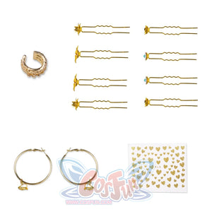 Features gold hairpins (some with blue accents), a textured gold ear cuff, hoop earrings, and a sheet of gold heart - shaped stickers, showcasing the finishing - touch accessories.