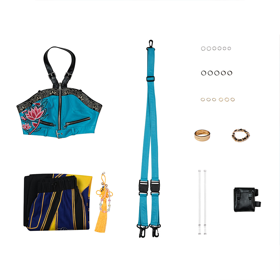 Zoey Cosplay Costume, includes Top, pants, arm bag, shoulder strap, hip strap, bracelet, bangles, black rings, gold rings; earrings