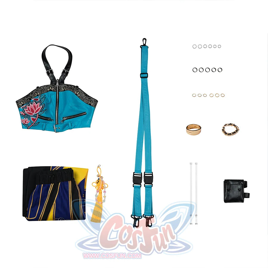 Zoey Cosplay Costume, includes Top, pants, arm bag, shoulder strap, hip strap, bracelet, bangles, black rings, gold rings; earrings