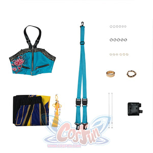 Zoey Cosplay Costume, includes Top, pants, arm bag, shoulder strap, hip strap, bracelet, bangles, black rings, gold rings; earrings