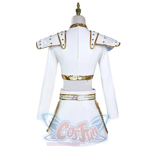 Displays the back of Zoey’s costume, highlighting the gold-trimmed jacket, iridescent waist belt, and chain accents on the skirt, emphasizing its detailed craftsmanship.