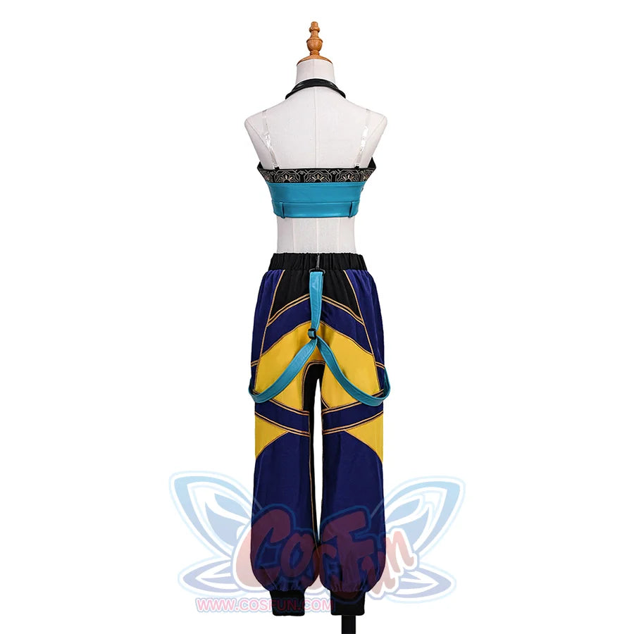 Zoey Cosplay Costume, blue, navy and yellow outfit, decorative embroidery add sophistication,front view.
