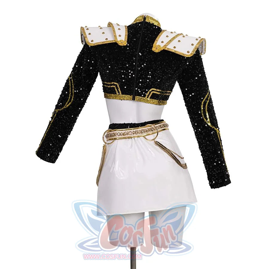 The back view of the Zoey cosplay costume, displaying the black sequined crop top with gold details, shoulder pads, and the white skirt with the decorative belt and chains.
