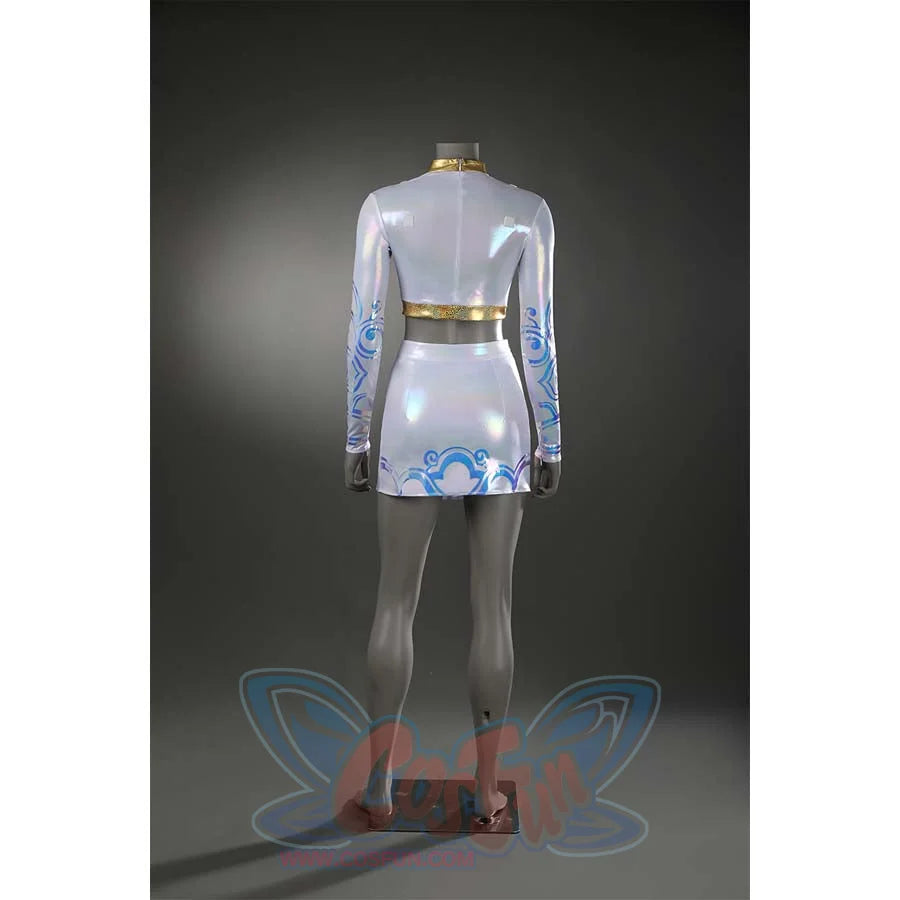 Focuses on the back of the simplified Zoey costume, showcasing the iridescent fabric’s shimmer and blue decorative patterns.
