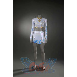 Displays the front of a streamlined Zoey costume variant, with the signature gold accents on the top and blue patterns on the skirt.