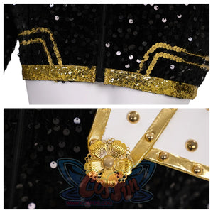 Close - ups of the zipper and decorative elements on the Zoey cosplay costume, highlighting the gold - sequined trims and the ornamental flower - like design.