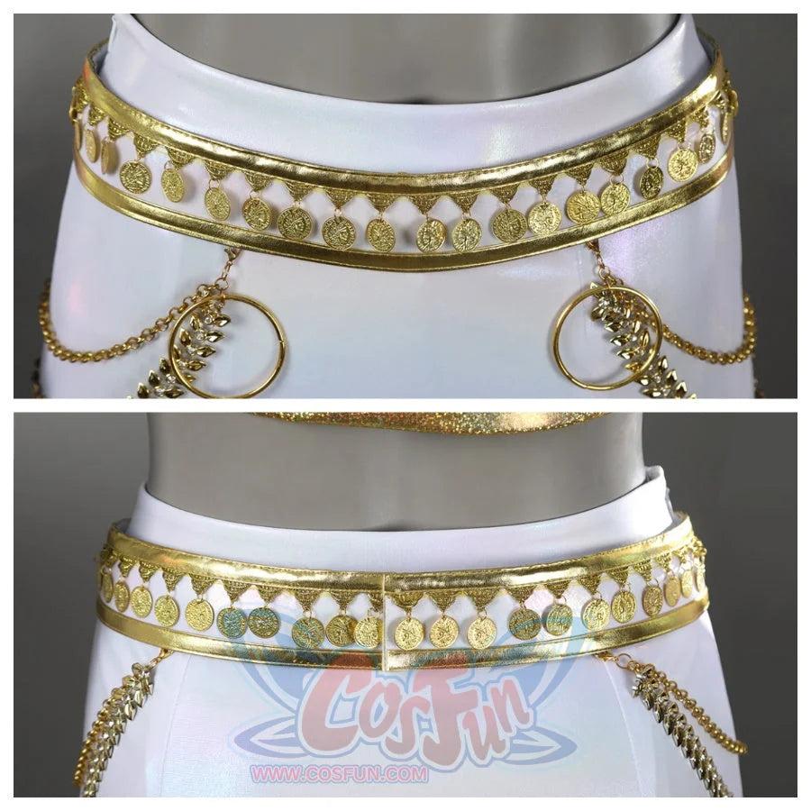 Focuses on the waist belt of Zoey’s skirt, featuring gold coins, circular chains, and decorative rings, showing both front and back views.