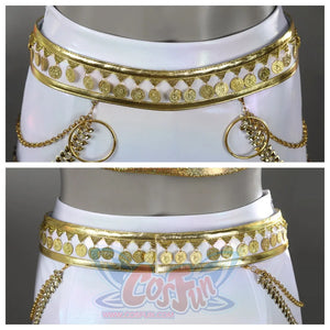 Focuses on the waist belt of Zoey’s skirt, featuring gold coins, circular chains, and decorative rings, showing both front and back views.