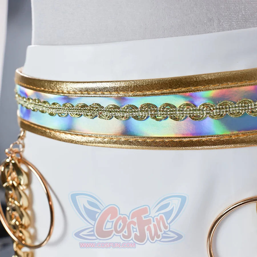 Features the iridescent waist belt of Zoey’s skirt, with gold trims and decorative chains, showcasing the skirt’s unique waist design.