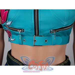 Close - up of the lower section of the Zoey cosplay crop top, showcasing the belt, zippers, and hardware.