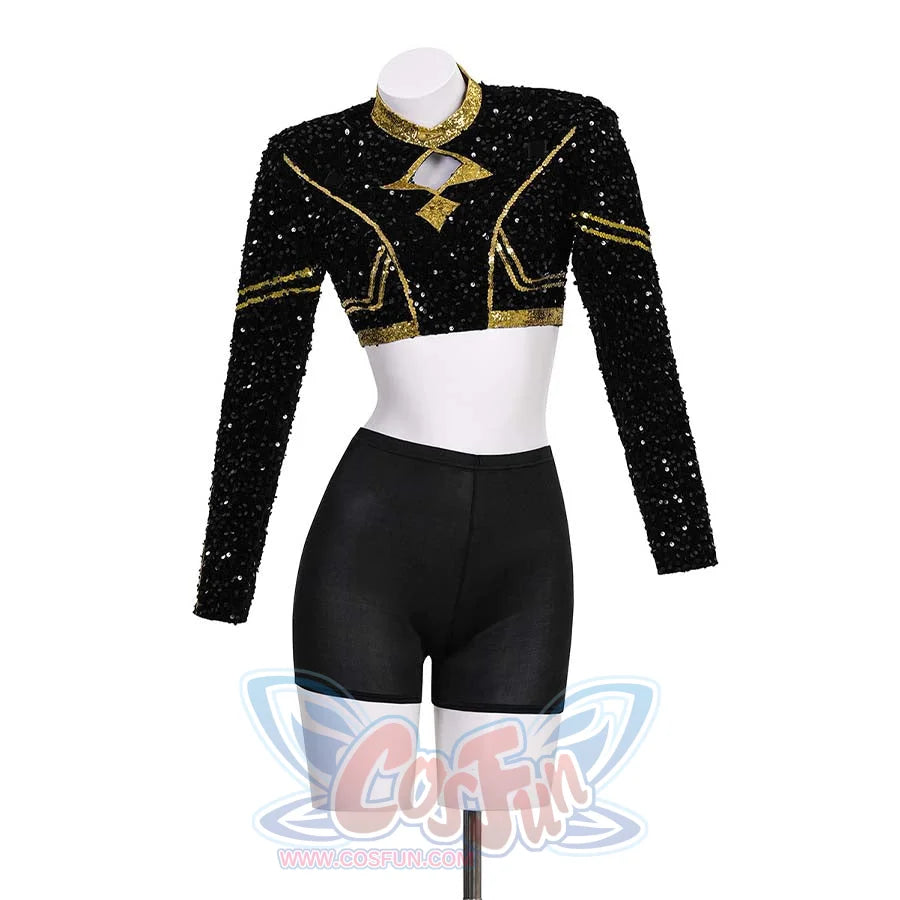 The Zoey cosplay costume top paired with black shorts, showing the black sequined long - sleeved crop top with gold designs.