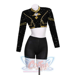 The Zoey cosplay costume top paired with black shorts, showing the black sequined long - sleeved crop top with gold designs.
