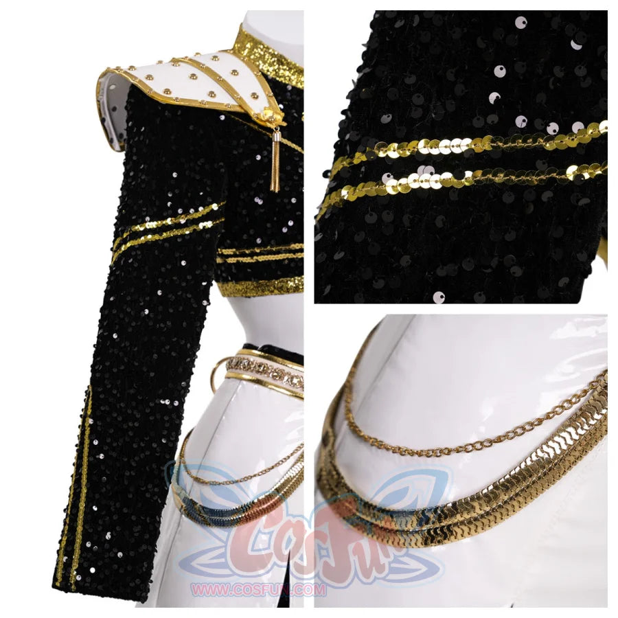 Close - up views of the Zoey cosplay costume, focusing on the intricate details of the black sequined fabric, gold stripes on the sleeves, and the gold chains and belt on the white skirt.