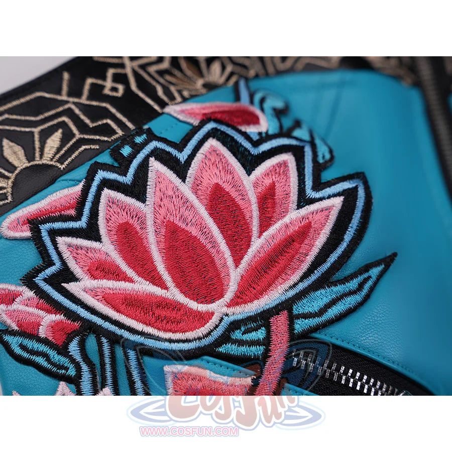 Zoey Cosplay Costume, there is an embroidered floral motif in red and pink tones.