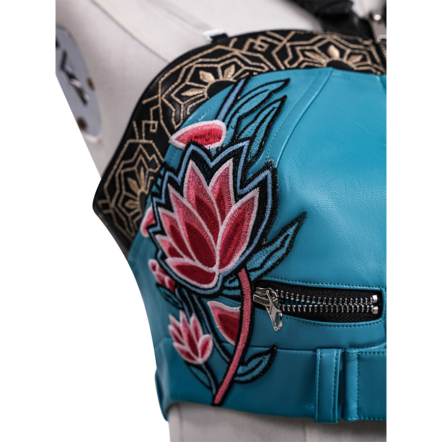 Zoey Cosplay Costume, the right side of the suspender has floral embroidery.