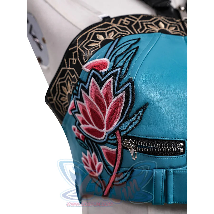 Zoey Cosplay Costume, the right side of the suspender has floral embroidery.