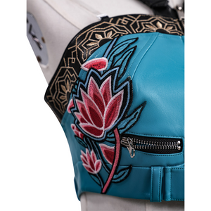 Zoey Cosplay Costume, the right side of the suspender has floral embroidery.