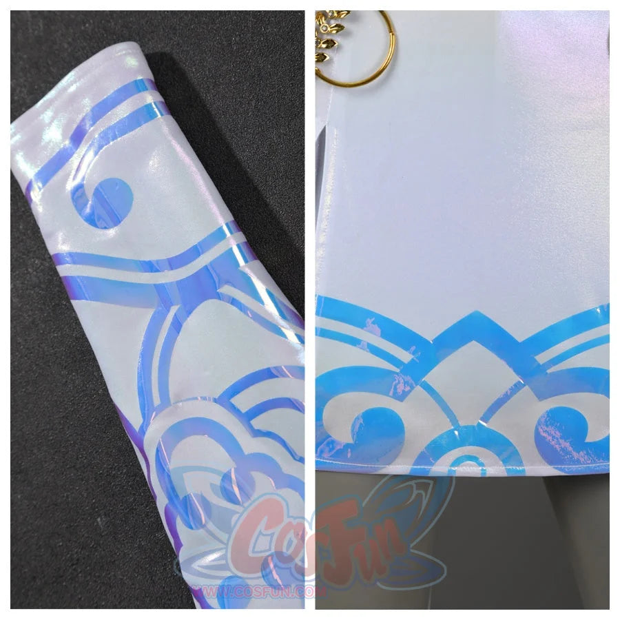 Presents the iridescent blue - purple patterns on Zoey’s sleeves and skirt hem, showcasing the intricate designs on the glossy fabric.