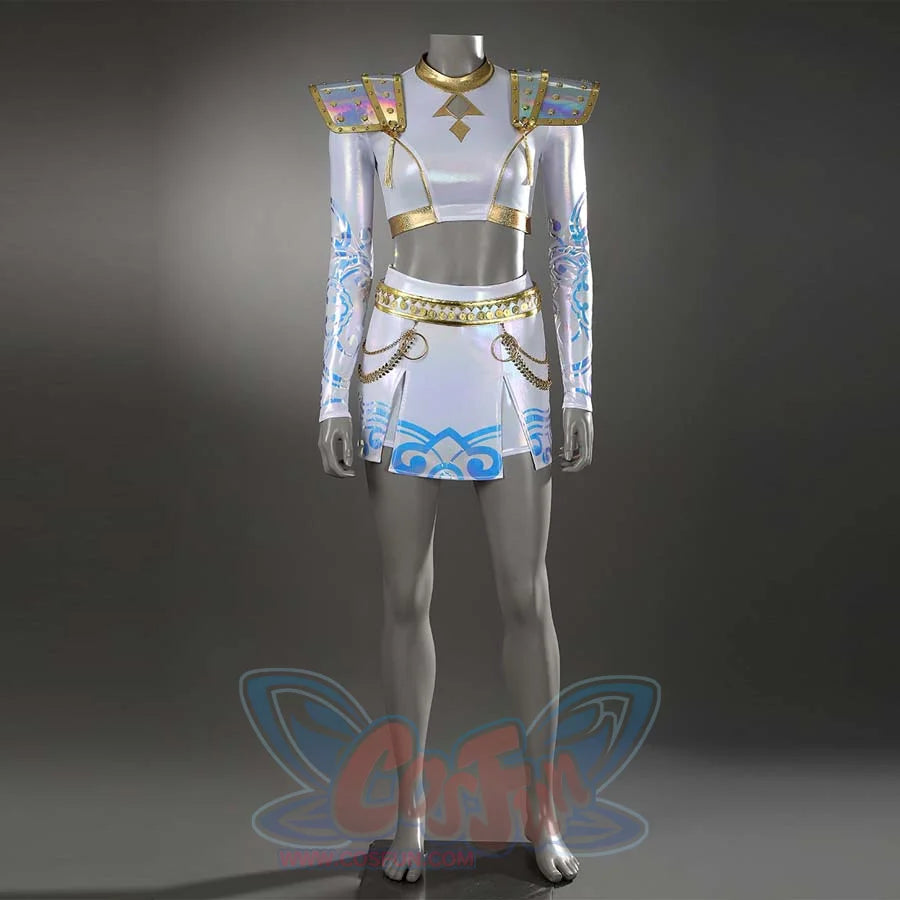 Presents the complete Zoey costume: iridescent white crop top, skirt with gold accents, and shoulder pads, showcasing its stage-ready design.