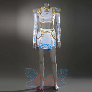 Presents the complete Zoey costume: iridescent white crop top, skirt with gold accents, and shoulder pads, showcasing its stage-ready design.