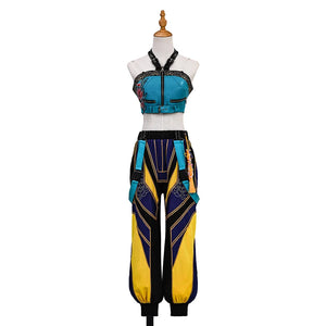 Zoey Cosplay Costume, blue, navy and yellow outfit, decorative embroidery add sophistication,front view.
