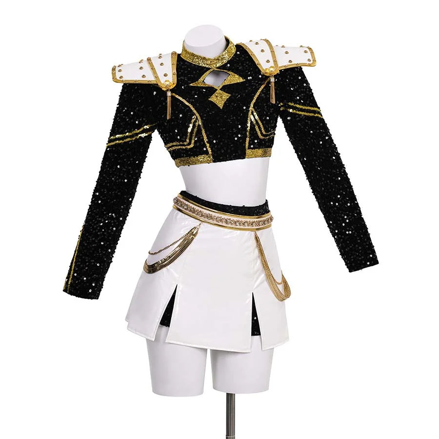 This is the front view of the Zoey cosplay costume, featuring a black sequined crop top with gold accents, shoulder pads, and a white skirt with gold chains and a decorative belt.
