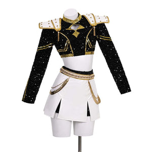 This is the front view of the Zoey cosplay costume, featuring a black sequined crop top with gold accents, shoulder pads, and a white skirt with gold chains and a decorative belt.