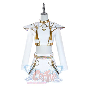 Presents the complete Zoey costume set-white crop top, skirt, and jacket-accented with gold trims, shoulder decorations, and chain details, showcasing its stage - ready elegance.