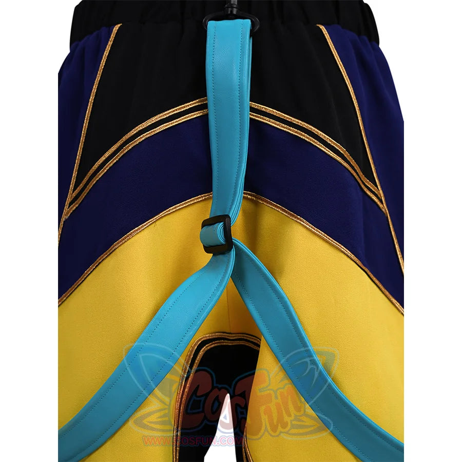 Zoey Cosplay Costume, blue straps extend from the waist area, functioning  part of the costume’s tactical style.