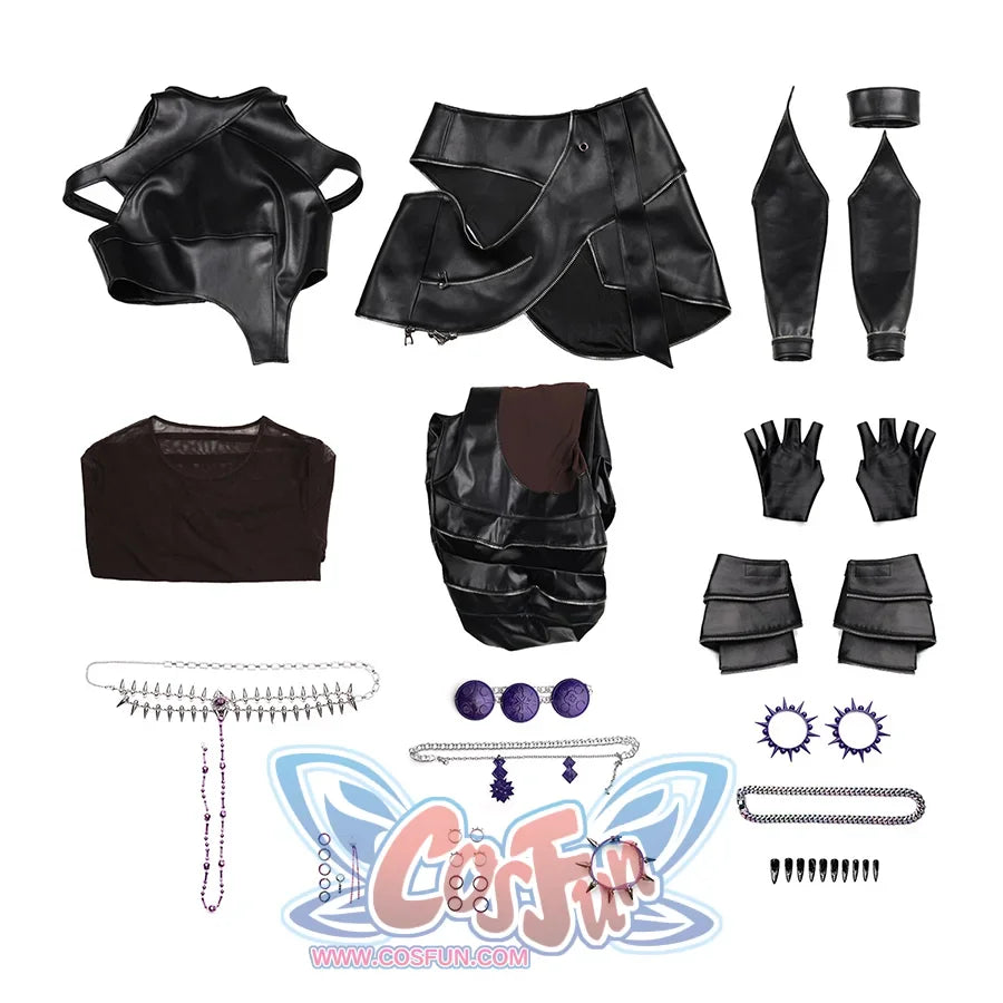 Zoey Cosplay Costume KILLER Black Suit includes undershirt, top, pants, apron, leg warmers, hand armor, gloves, hair accessories, waist chain, shoulder chain, bracelets, earring.