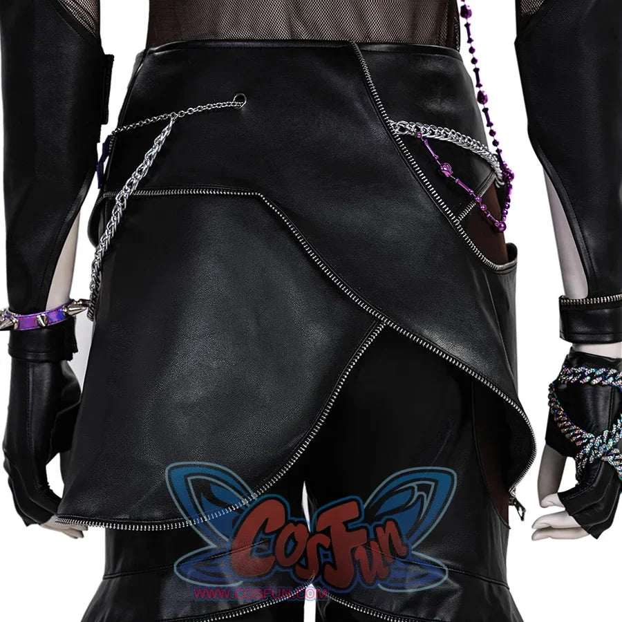 Zoey Cosplay Costume KILLER Black Suit apron&#39;s back view is black with a mix of PU leather, purple round ornaments and metal chains on the waist.