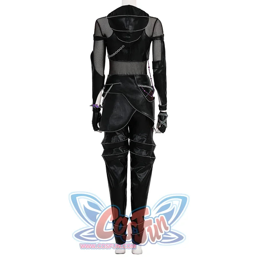 Zoey Cosplay Costume KILLER Black Suit is mainly black, with a mix of PU leather and mesh fabrics, matching PU leather glove cuffs,the top is tight-fitting, with metal chain decorations, and the pants are also designed, mainly black leather, with zippers and rolled cuffs at the hems.