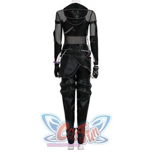Zoey Cosplay Costume KILLER Black Suit is mainly black, with a mix of PU leather and mesh fabrics, matching PU leather glove cuffs,the top is tight-fitting, with metal chain decorations, and the pants are also designed, mainly black leather, with zippers and rolled cuffs at the hems.