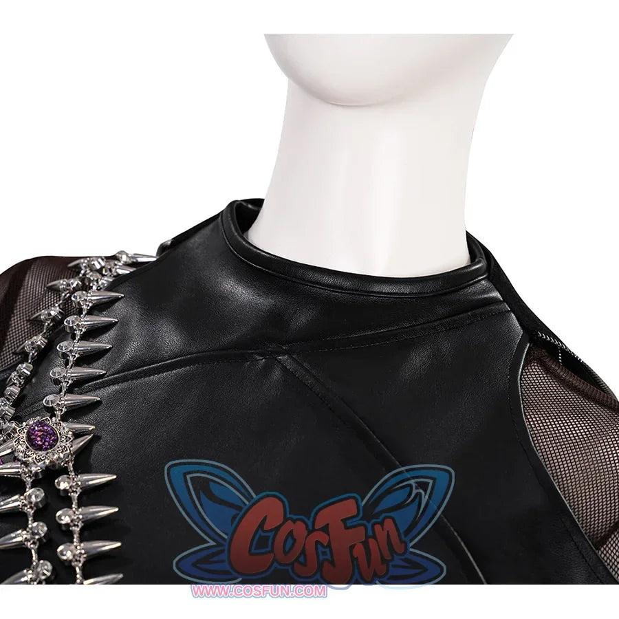 Zoey Cosplay Costume KILLER Black Suit&#39;s top is a tight-fitting design with a high collar, it made of black PU leather, there is metal chain decorations on the shoulders.