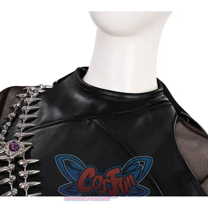 Zoey Cosplay Costume KILLER Black Suit's top is a tight-fitting design with a high collar, it made of black PU leather, there is metal chain decorations on the shoulders.