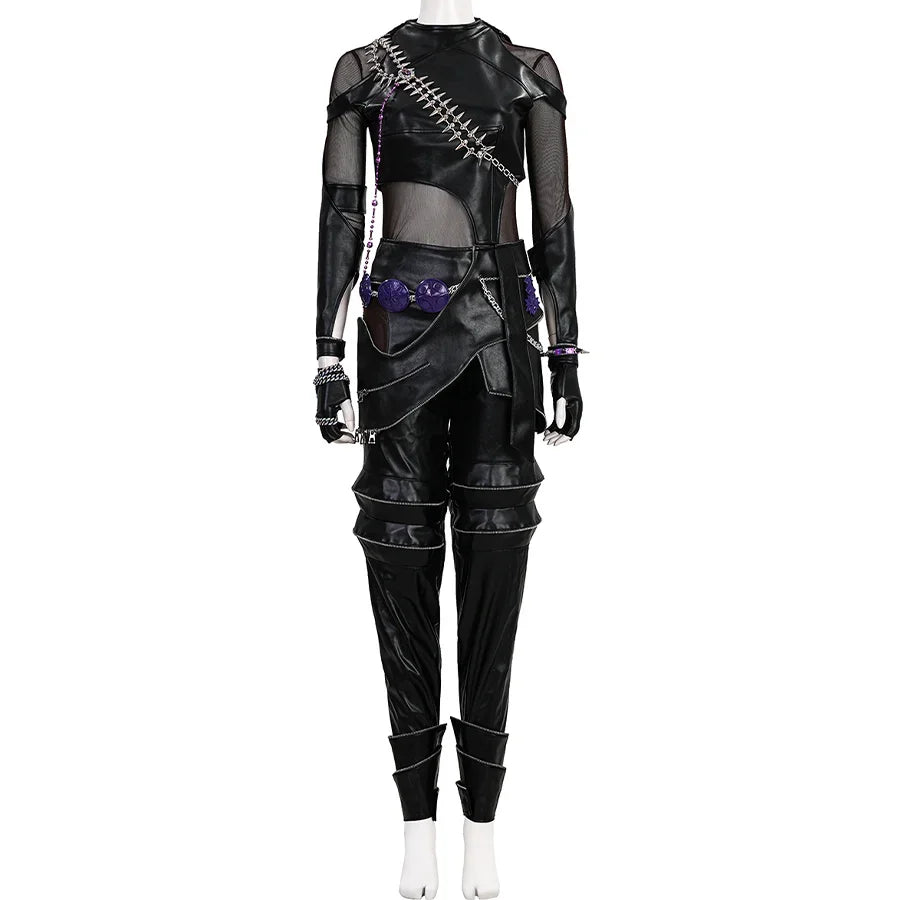 Zoey Cosplay Costume KILLER Black Suit is mainly black, with a mix of PU leather and mesh fabrics, the top is tight-fitting, with a high collar, metal chain decorations on the shoulders and chest, purple round ornaments and metal chains on the waist, and the pants are also designed, mainly black leather, with zippers and rolled cuffs at the hems.
