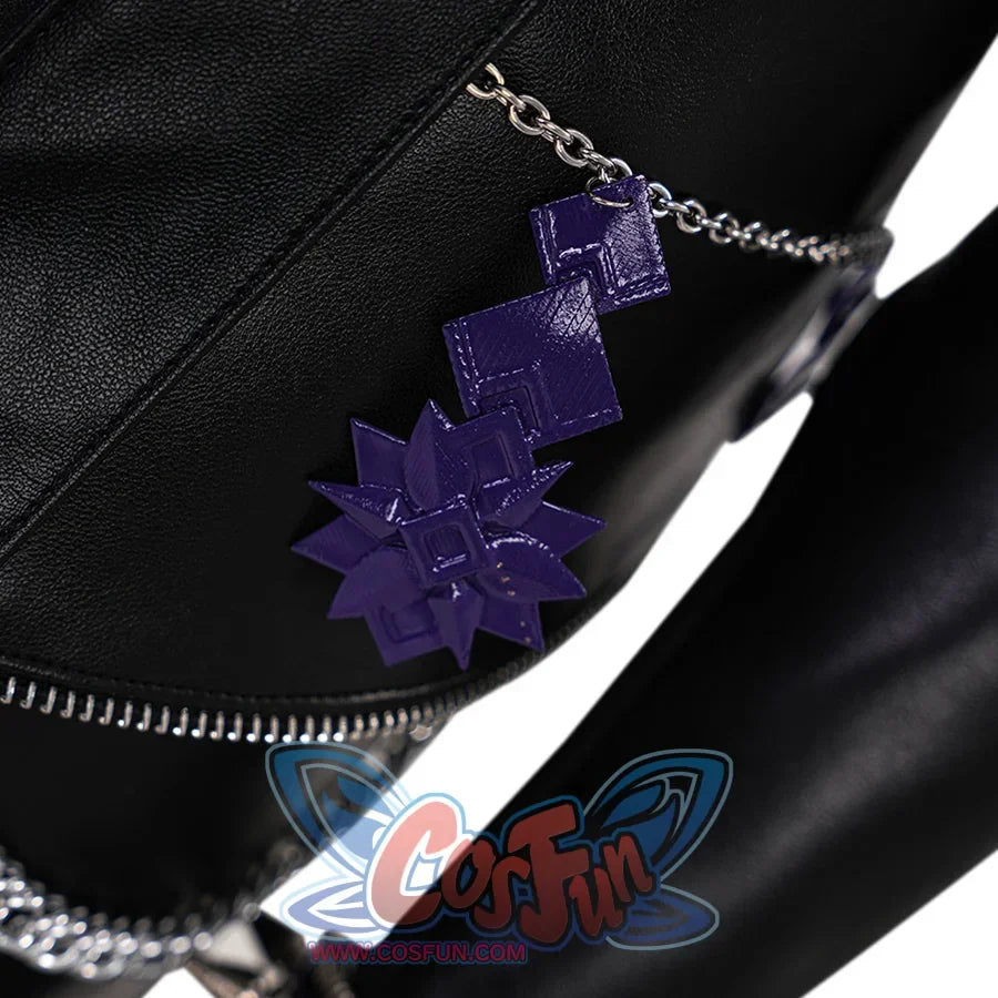 Zoey Cosplay Costume KILLER Black Suit apron&#39;s left side view, there is a purple ornaments and metal chains on the left waist.