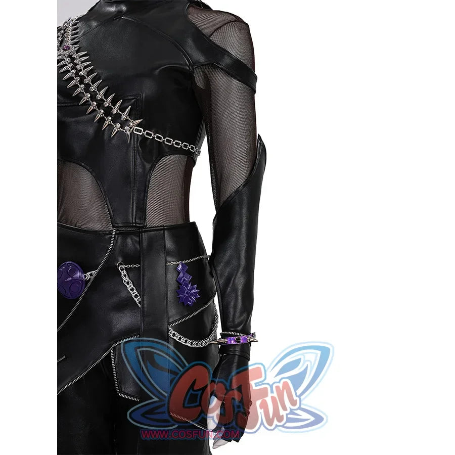 Zoey Cosplay Costume KILLER Black Suit left side view, it&#39;s mainly black, with a mix of PU leather and mesh fabrics, matching PU leather glove cuffs,the top is tight-fitting, metal chain decorations on the shoulders and chest, purple ornaments and metal chains on the waist.