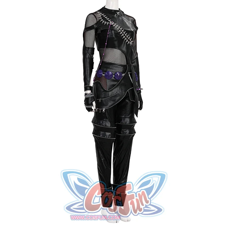Zoey Cosplay Costume KILLER Black Suit is mainly black, with a mix of PU leather and mesh fabrics, the top is tight-fitting, with a high collar, metal chain decorations on the shoulders and chest, purple round ornaments and metal chains on the waist, and the pants are also designed, mainly black leather, with zippers and rolled cuffs at the hems.