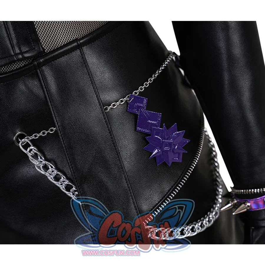 Zoey Cosplay Costume KILLER Black Suit apron&#39;s left side view, apron is black PU leather, purple ornaments and metal chains on the left waist.