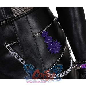 Zoey Cosplay Costume KILLER Black Suit apron's left side view, apron is black PU leather, purple ornaments and metal chains on the left waist.