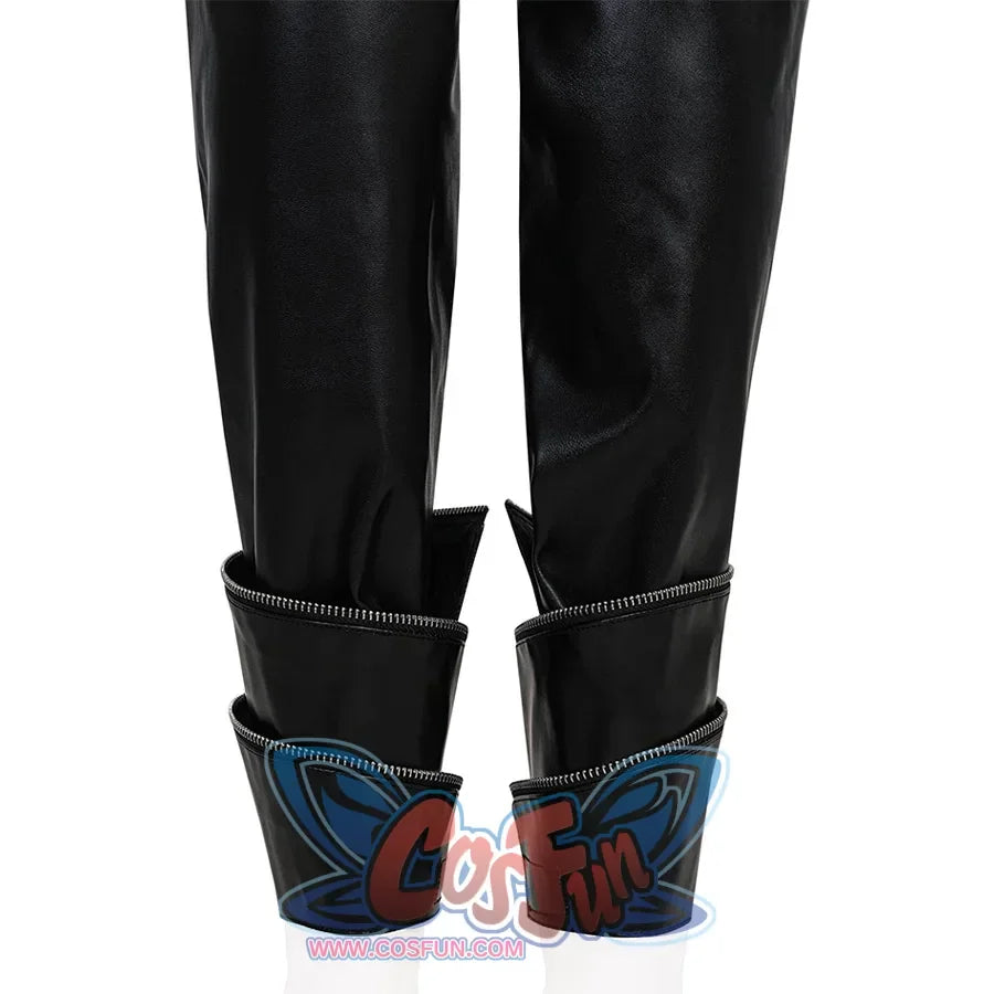 Zoey Cosplay Costume KILLER Black Suit&#39;s  leg warmers is made by black PU leather with zippers and rolled cuffs at the hems.